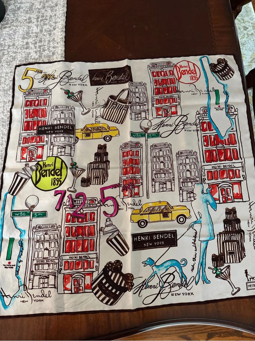 Henri Bendel White Multicolor New York Manhattan Print Silk Neck Scarf 21 In.²